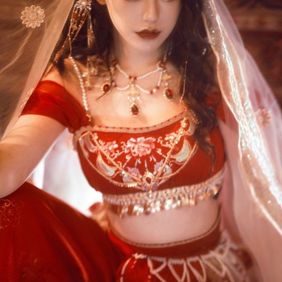 Arabian Embroidered Dancing Gown | Women Top Pants Veil Waist Chain Costume - Picture 5 of 7